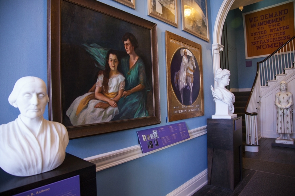 Bust and paintings of suffragists in Belmont-Paul Women's Equality National Monument