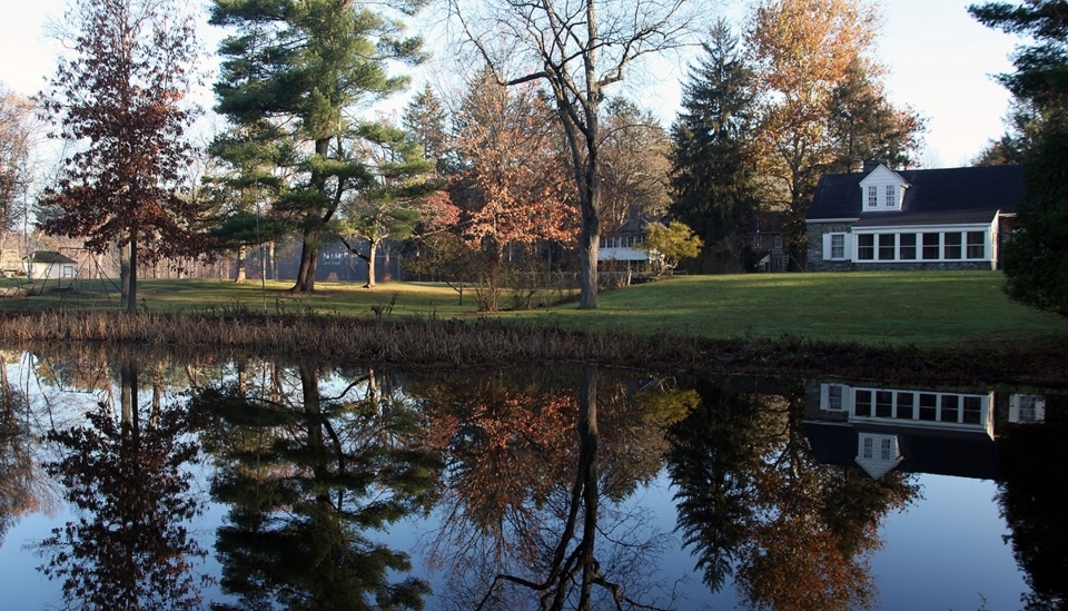Look across a pond to Stone Cottage