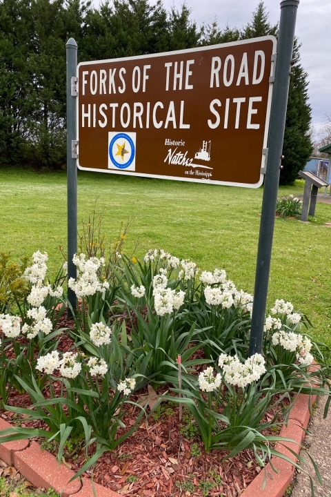 Brown sign for Forks of the Road site. At the base of the sign are blooming flowers