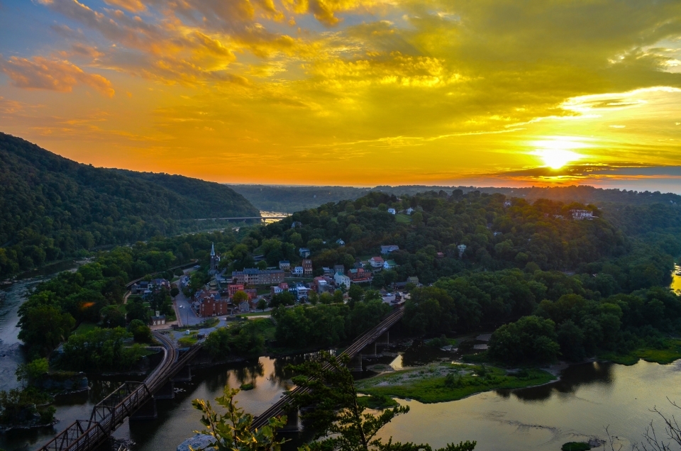 Sunset from Maryland Heights Overlook Trail onto the town of Harpers Ferry