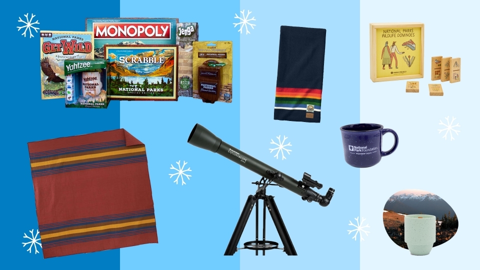 Collage of images of products listed below, including games, blankets, dominoes set, mug, candle, and telescope