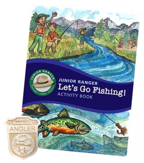 Illustrated booklet cover depicting a park ranger teaching young visitors how to fish, plus the Junior Ranger Angler badge