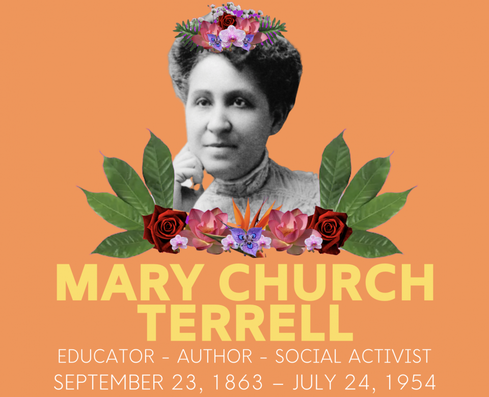 Photograph of Mary Church Terrell with graphic of flowers and her name illustrated beneath