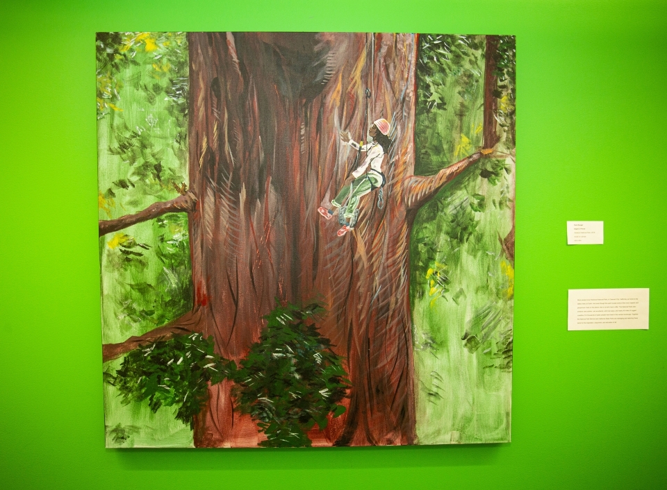 Painting against a bright green wall, depicting a woman, wearing a helmet, repelling and examining the trunk of a large sequoia tree