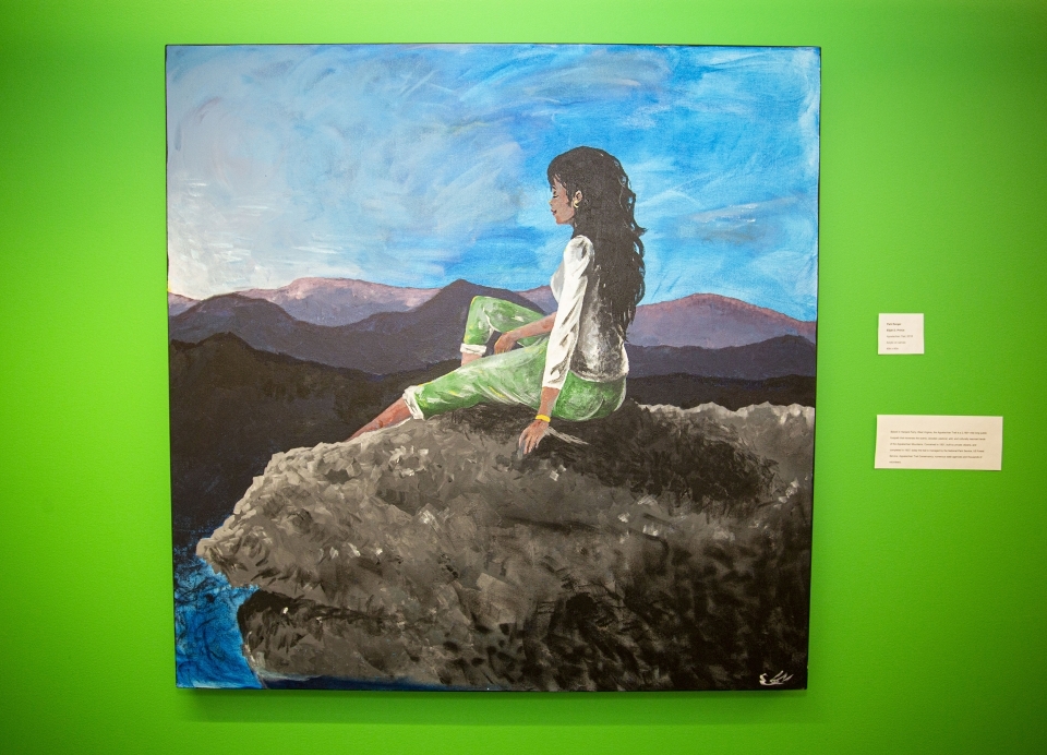 Painting against a bright green wall, depicting a woman sits on a rock, eyes closed, and faces a range of mountains.