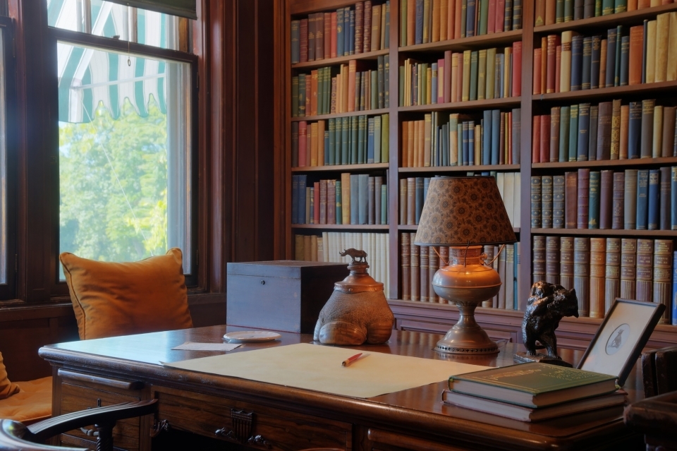An alcove with a bookcase taking up the right wall. The bookcase is filled with books of different colors. The left wall has tall windows and a window seat bench with orange cushions and pillows. There is a large wooden desk with a box, rhinoceros foot in
