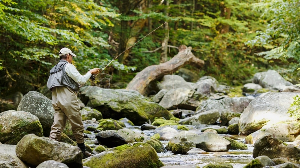 An angler casts his line into a mountain stream from a rocky shore.