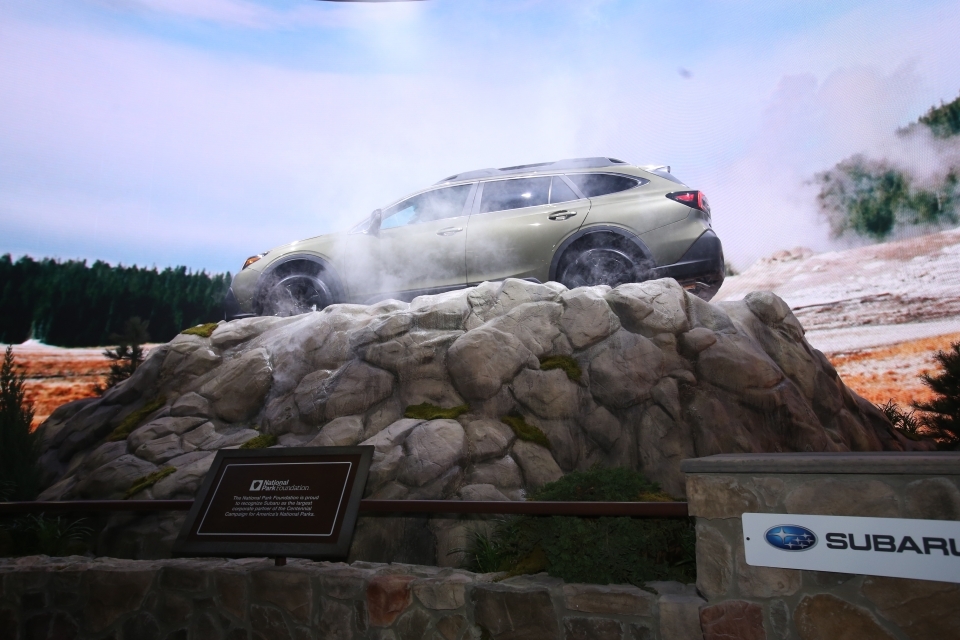 Subaru Outback as showcased in a national parks-inspired display at a 2019 auto show