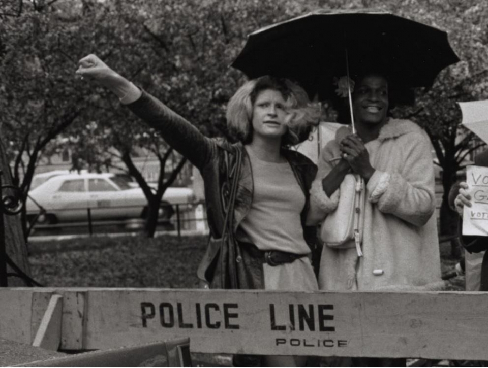 Sylvia Rivera and Marsha P. Johnson stand at the front lines of a protest