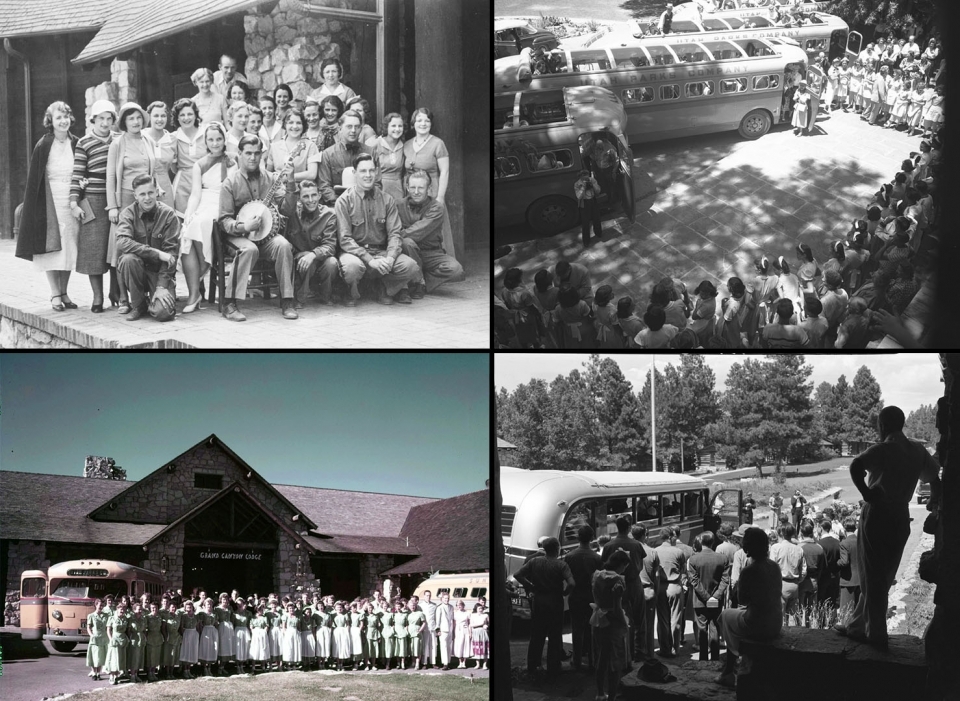 Collage of vintage photos of employees singing to visitors outside national park lodges