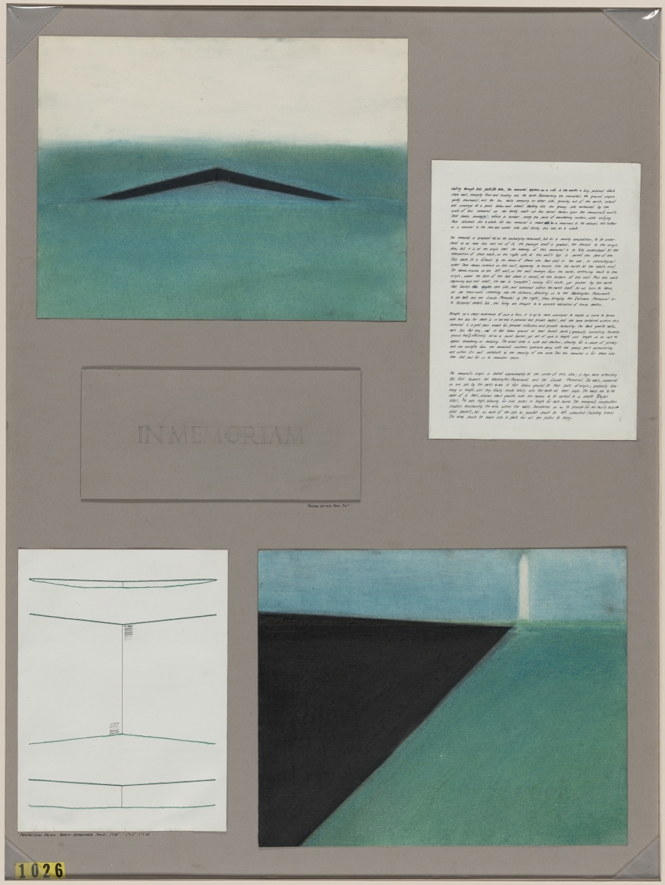 A collage of the memorial’s architectural drawings and Maya Lin’s one-page written summary on her concept.