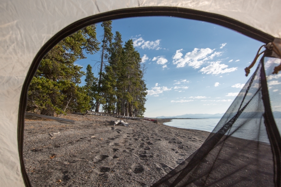 Looking out of an unzipped tent door to a beach on Yellowstone Lake